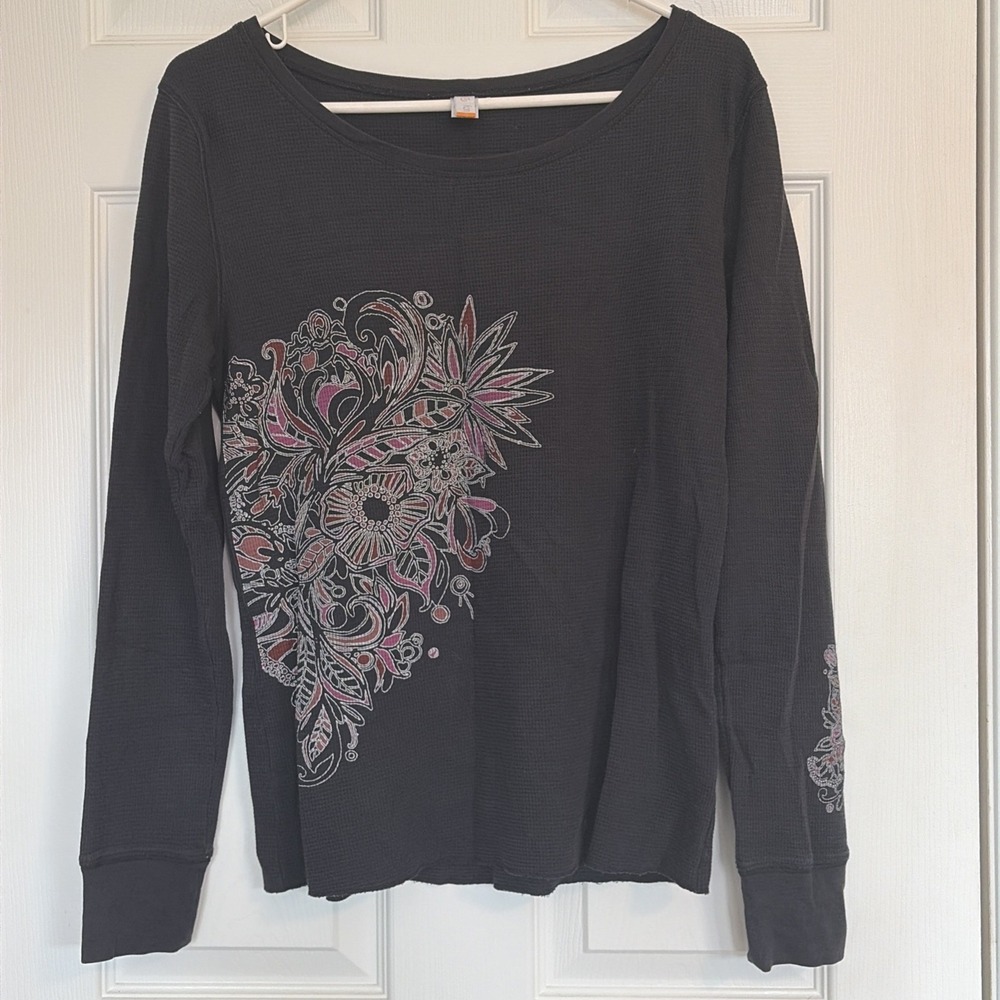 Lucy Active Fit Black Floral Long Sleeve Shirt Womens Large Pima Cotton Yoga